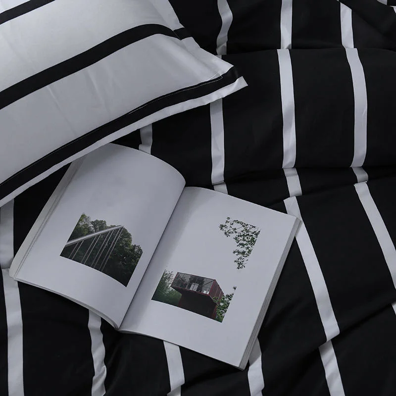 Wholesale Black and White Reversible Stripe Printed Microfiber Polyester Home Textile Bedsheet Duvet Cover Bedding Set